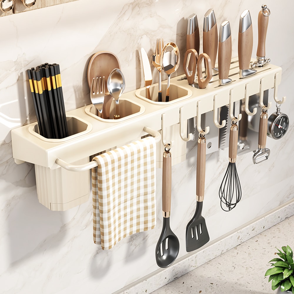 No Drill Wall Mounted Knife Rack with Utensil Holder and Chopstick Organizer