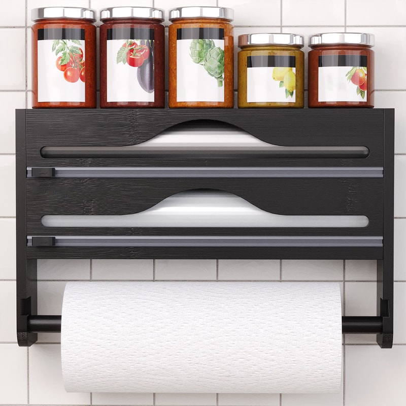 Bamboo Kitchen Organizer with Cutter Wall Mount Foil and Wrap Dispenser