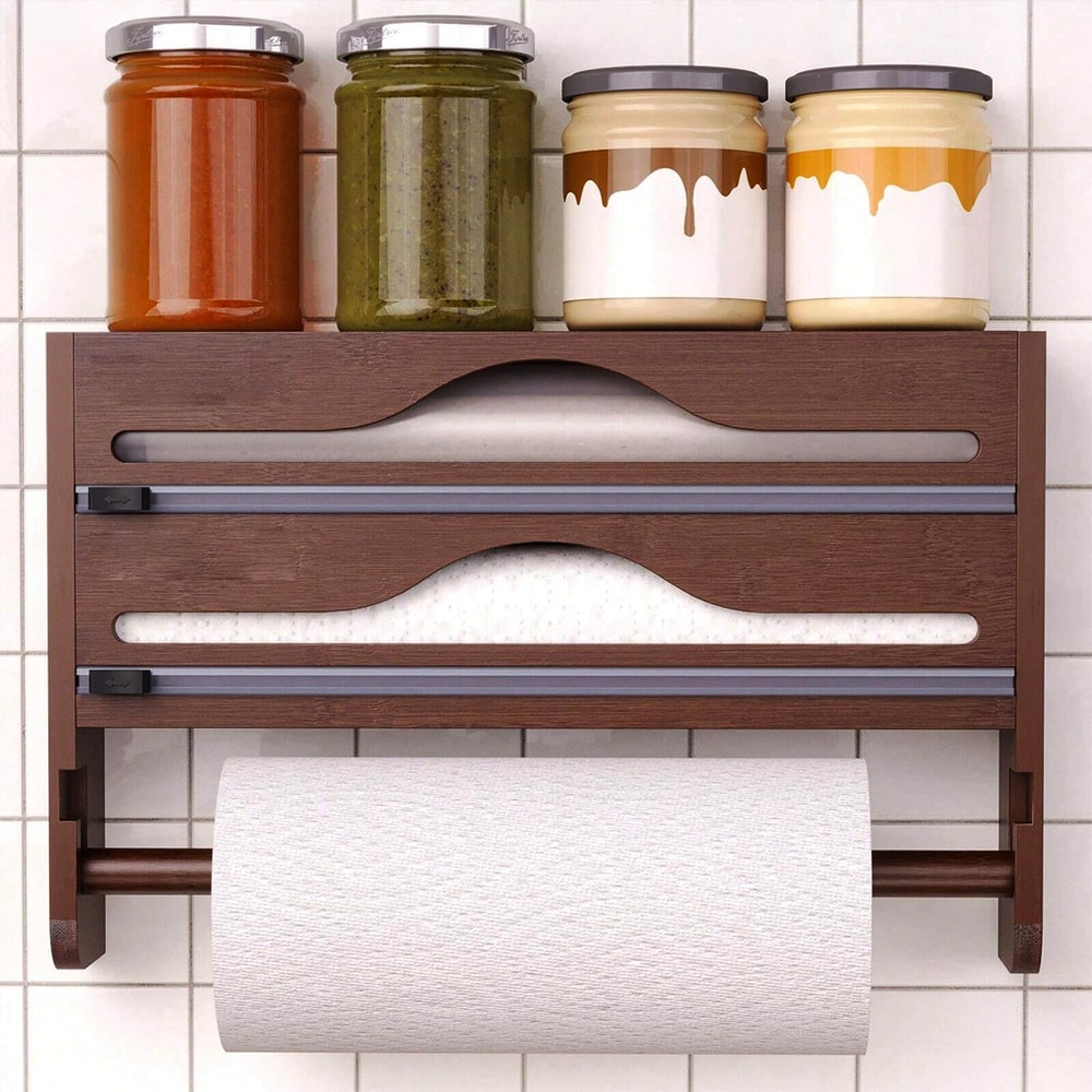 Bamboo Kitchen Organizer with Cutter Wall Mount Foil and Wrap Dispenser