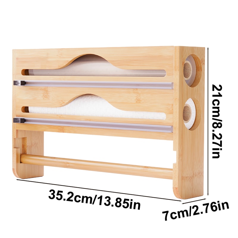 Bamboo Kitchen Organizer with Cutter Wall Mount Foil and Wrap Dispenser