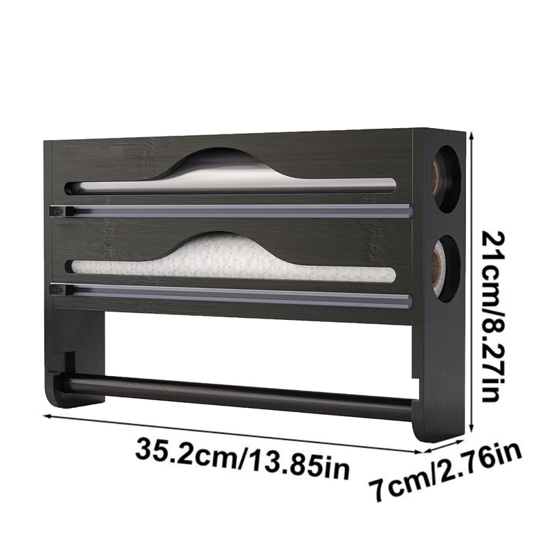 Bamboo Kitchen Organizer with Cutter Wall Mount Foil and Wrap Dispenser