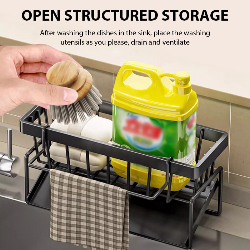 High Drain Kitchen Sink Organizer Rack with Sponge Holder & Filter Basket