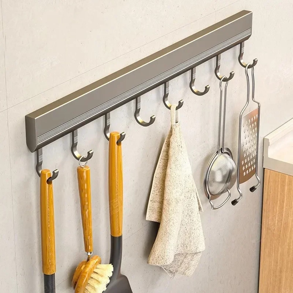 Wall Mounted Aluminum Hook Rack Drill Free Multi Purpose Kitchen Bathroom Organizer