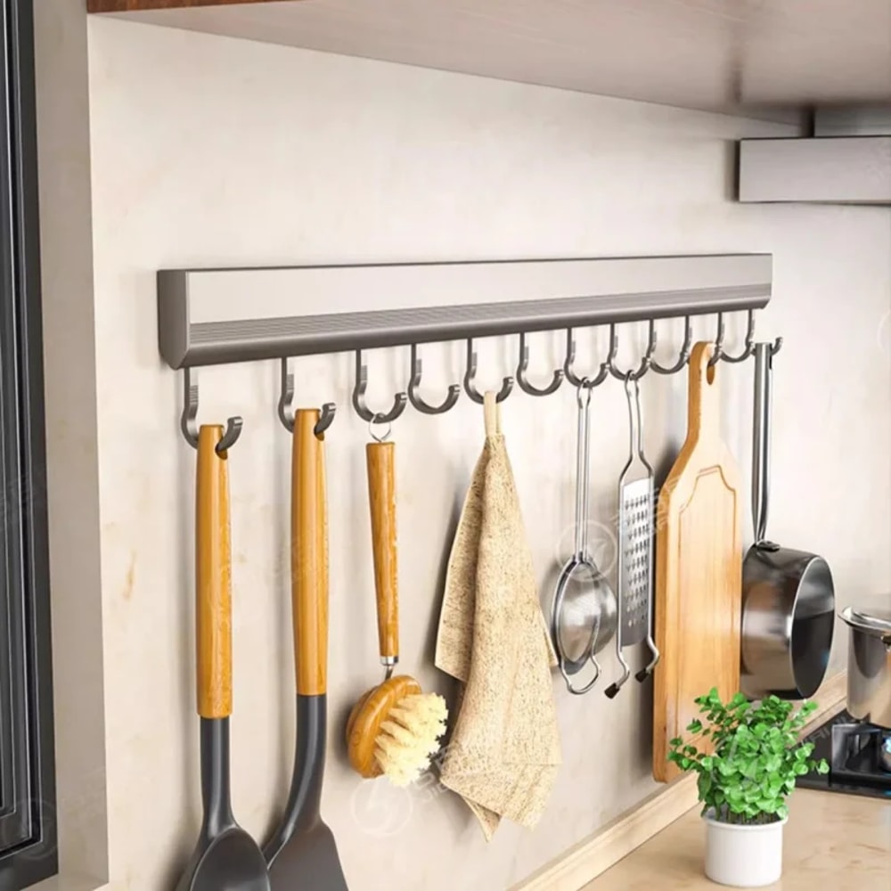 Wall Mounted Aluminum Hook Rack Drill Free Multi Purpose Kitchen Bathroom Organizer