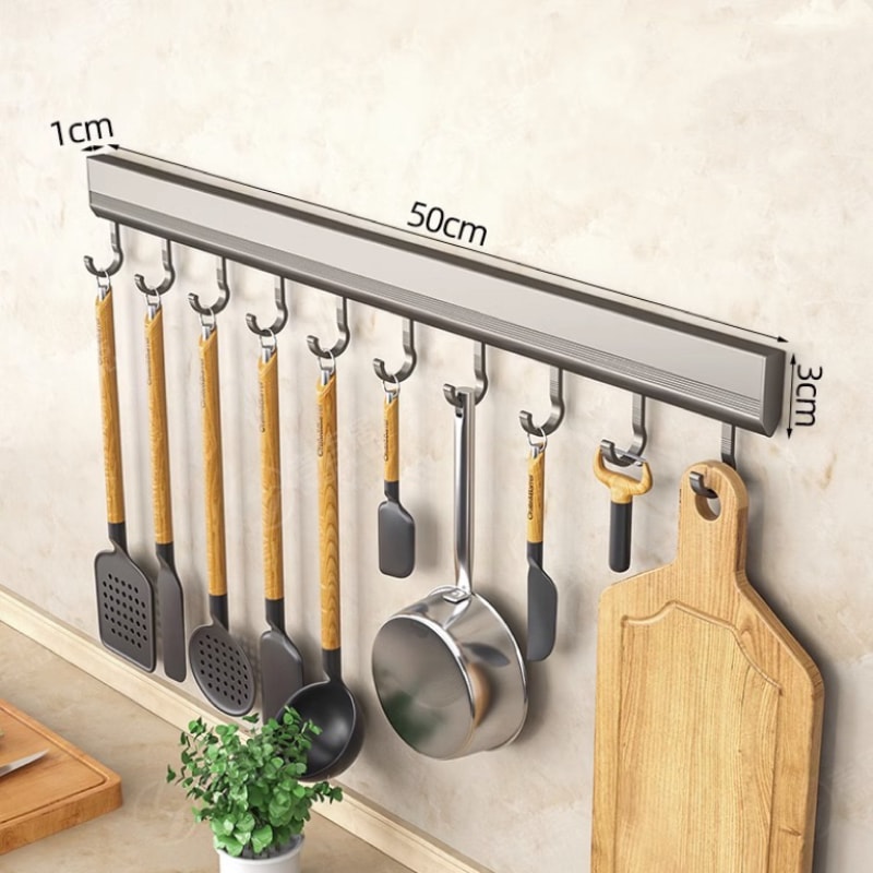 Wall Mounted Aluminum Hook Rack Drill Free Multi Purpose Kitchen Bathroom Organizer