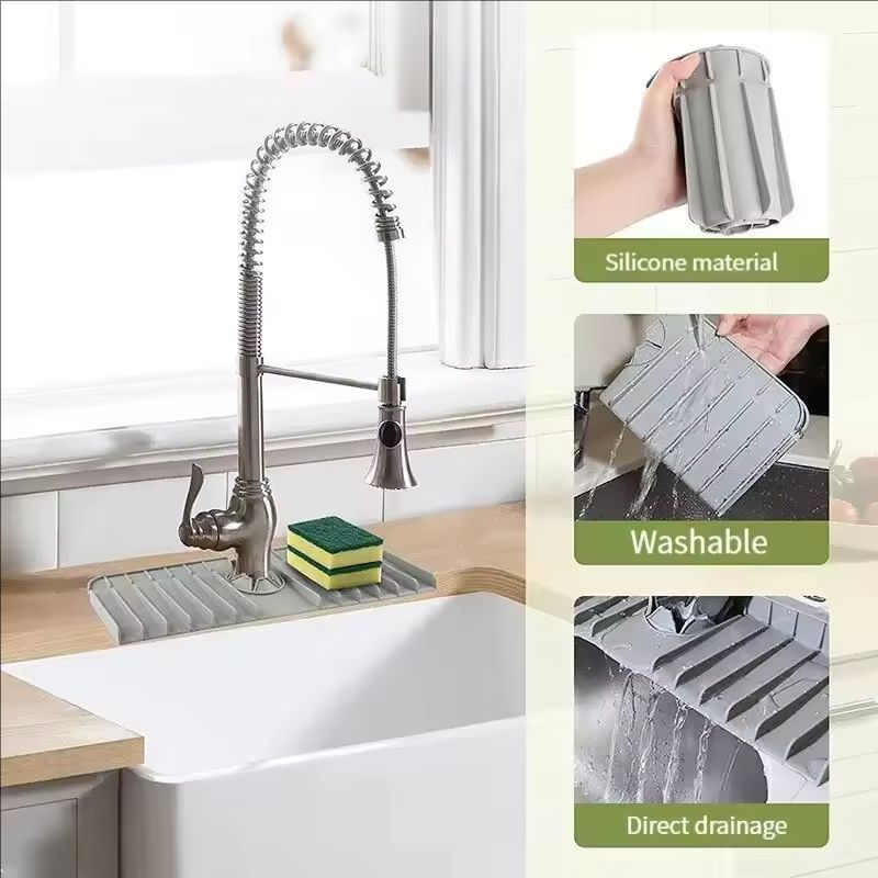 Silicone Faucet Mat Sink Splash Guard Kitchen Sink Drying Mat with Drain Spout