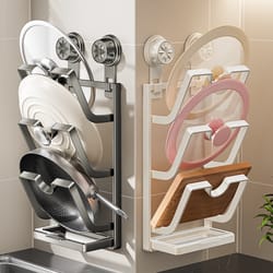 wall mounted kitchen storage rack with suction cups multi layer lid and cutting board holder