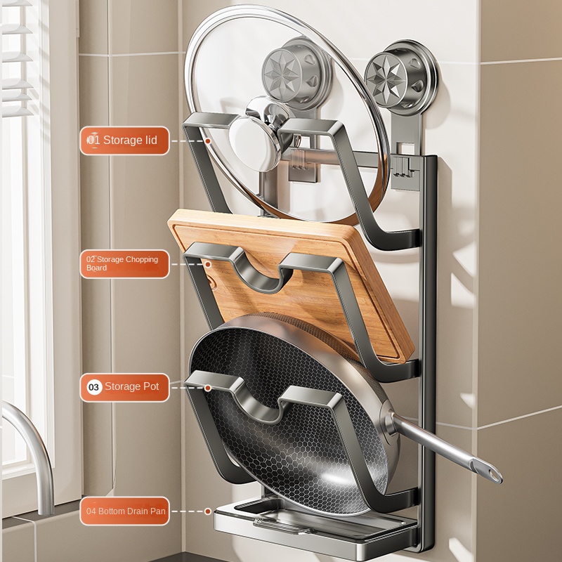 Wall Mounted Kitchen Storage Rack With Suction Cups Multi Layer Lid And Cutting Board Holder 1