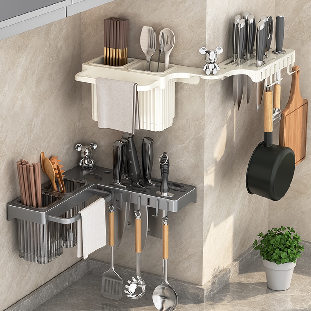 Wall Mounted Knife Rack Organizer with Chopstick Holder Kitchen Storage Shelf