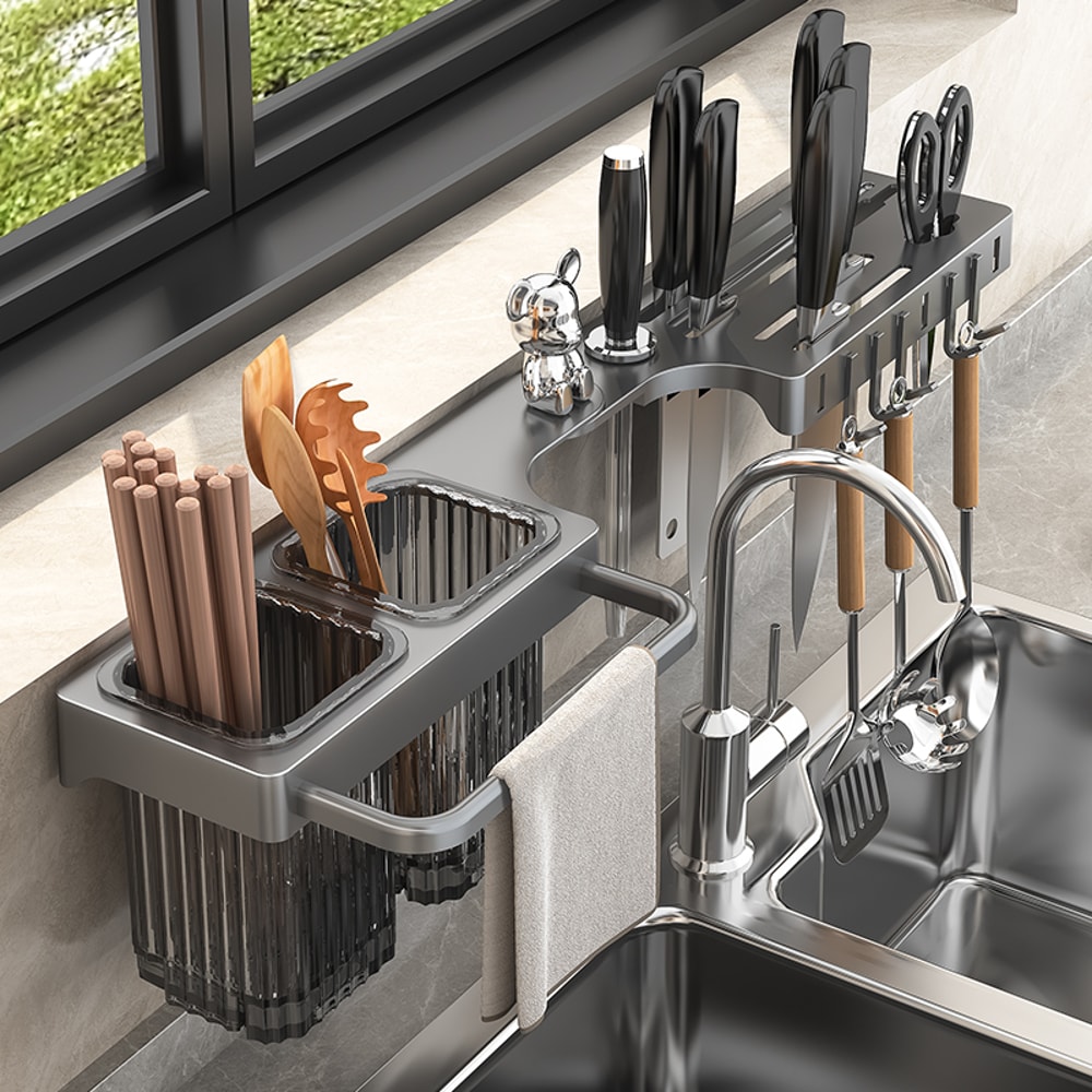 Wall Mounted Knife Rack Organizer with Chopstick Holder Kitchen Storage Shelf