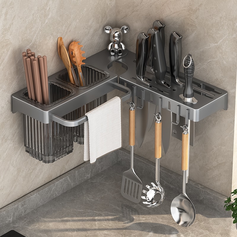 Wall Mounted Knife Rack Organizer with Chopstick Holder Kitchen Storage Shelf
