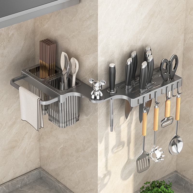 Wall Mounted Knife Rack Organizer with Chopstick Holder Kitchen Storage Shelf