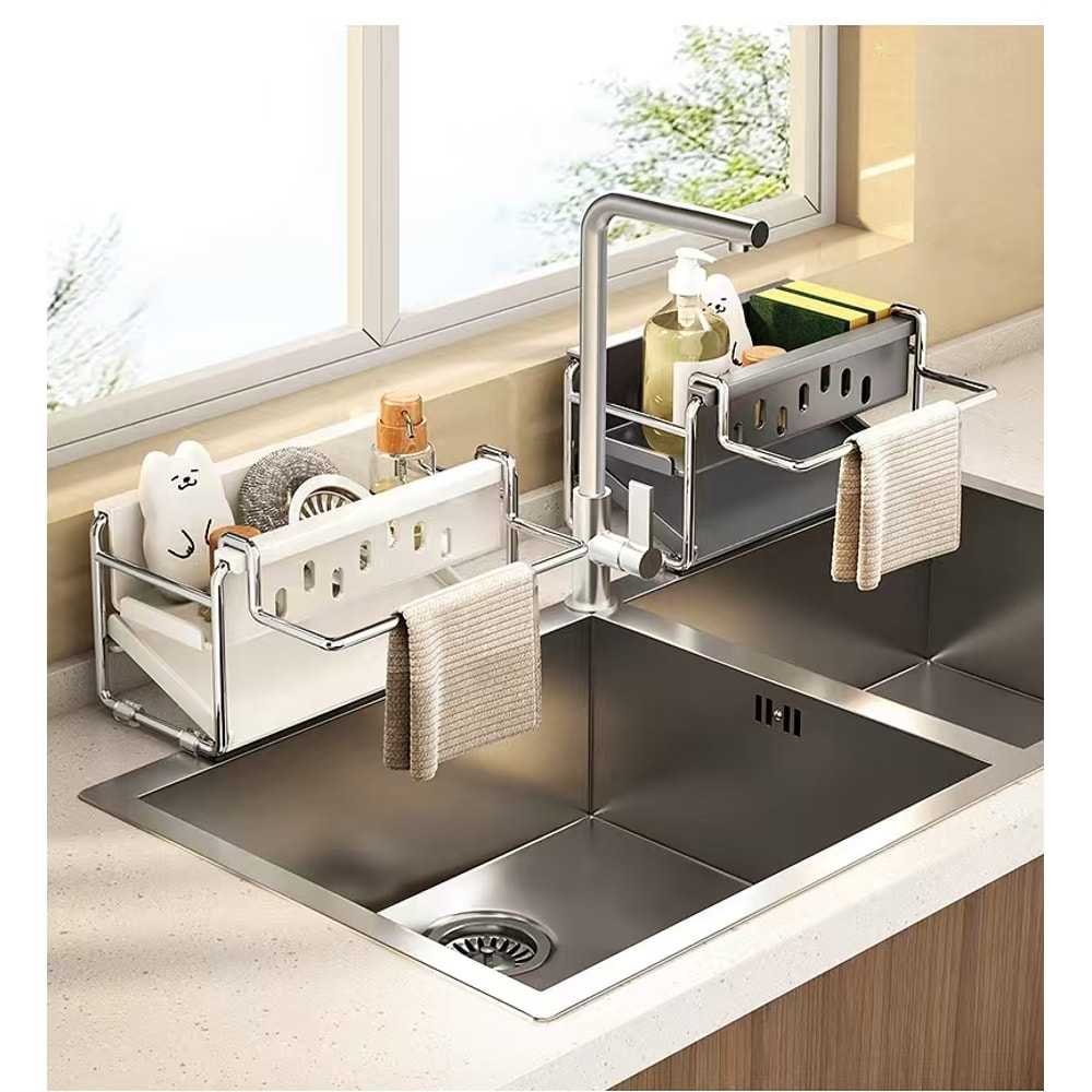 Stainless Steel Sink Organizer Rack with Drain Basket & Towel Holder for Clutter-Free Kitchen
