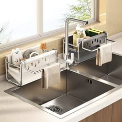 stainless steel sink organizer rack with drain basket & towel holder for clutter-free kitchen