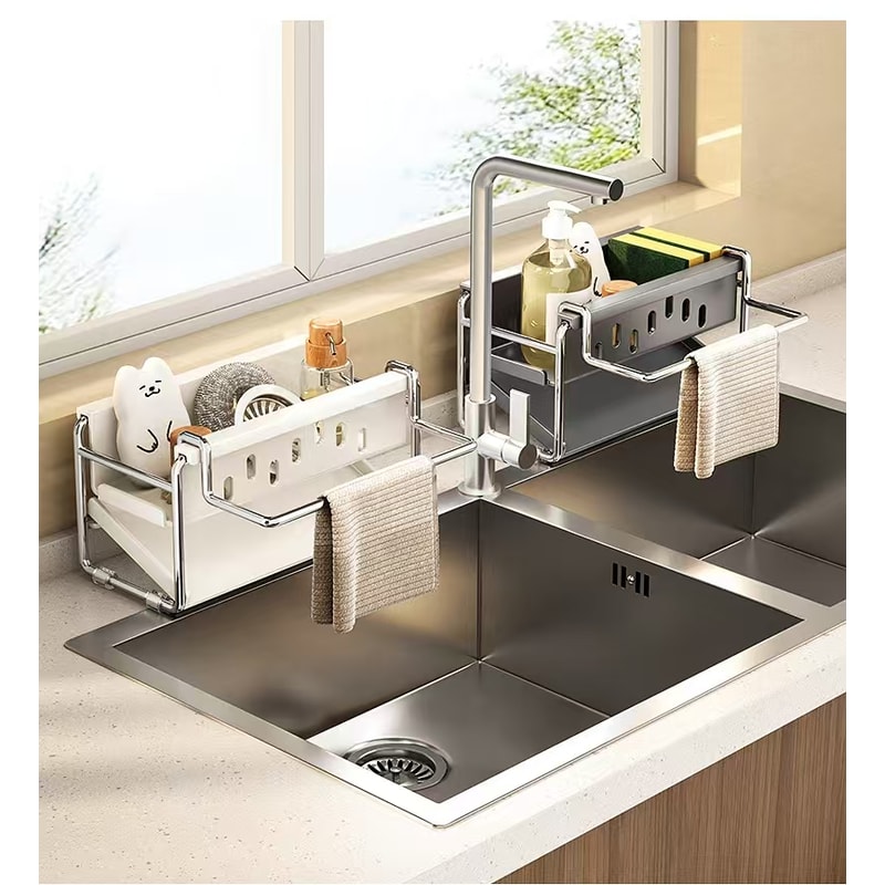 Stainless Steel Sink Organizer Rack with Drain Basket & Towel Holder for Clutter-Free Kitchen