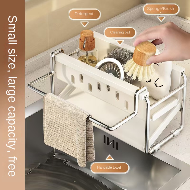Stainless Steel Sink Organizer Rack with Drain Basket & Towel Holder for Clutter-Free Kitchen