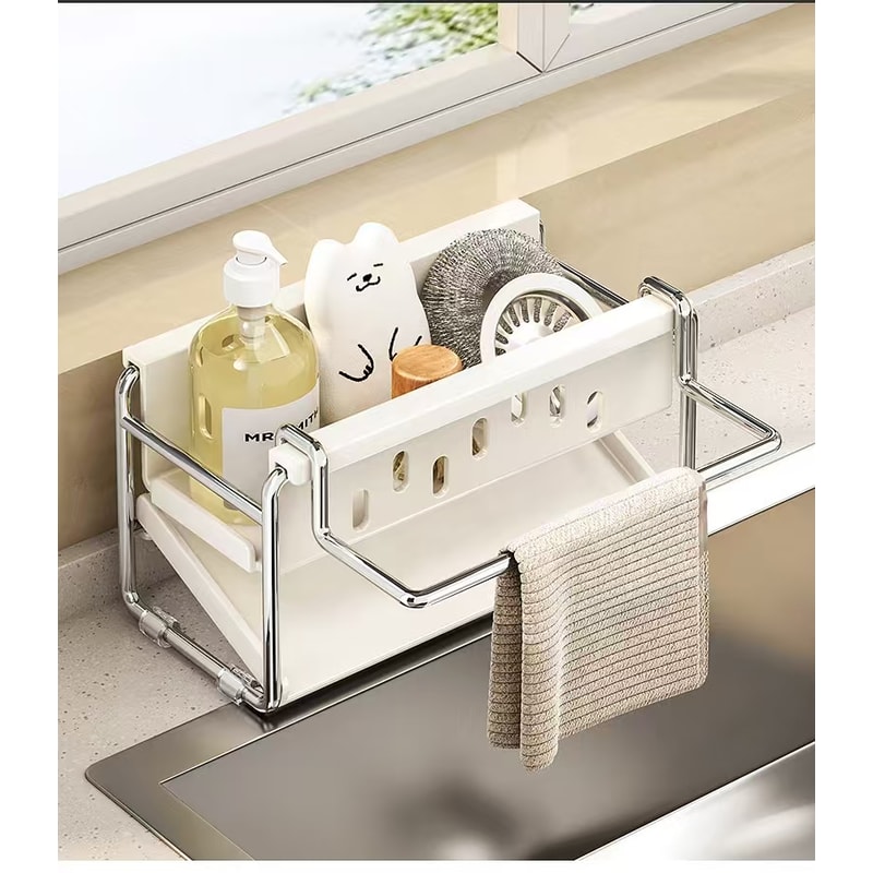 Stainless Steel Sink Organizer Rack with Drain Basket & Towel Holder for Clutter-Free Kitchen
