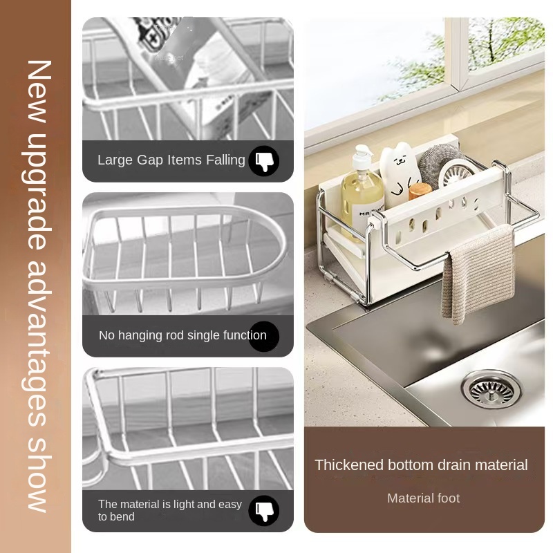 Stainless Steel Sink Organizer Rack with Drain Basket & Towel Holder for Clutter-Free Kitchen