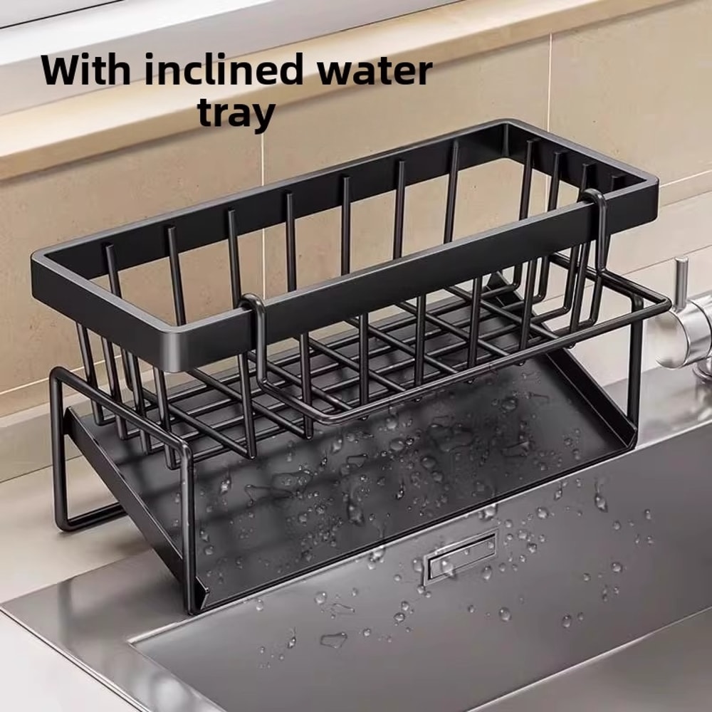 No Drill Sink Organizer Rack With Drain Tray Cloth Holder For Kitchen Storage 0
