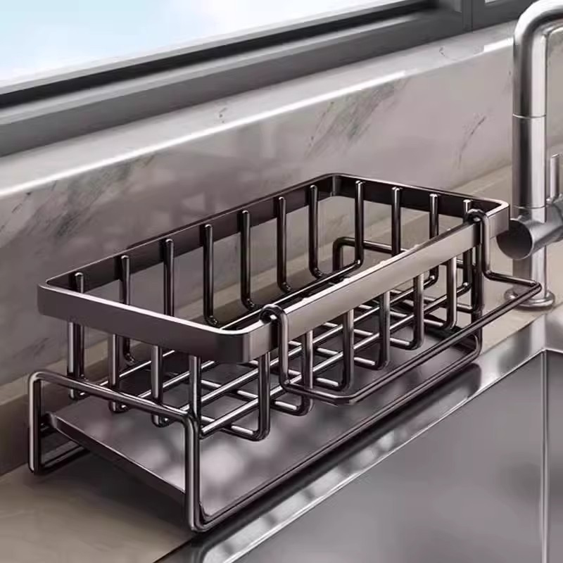 No Drill Sink Organizer Rack With Drain Tray Cloth Holder For Kitchen Storage 2