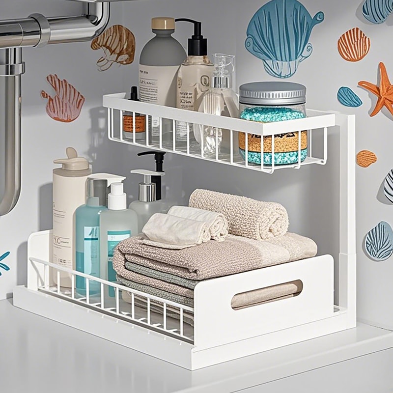 Pull Out Kitchen Shelf Organizer Carbon Steel Space Saving Under Cabinet Rack