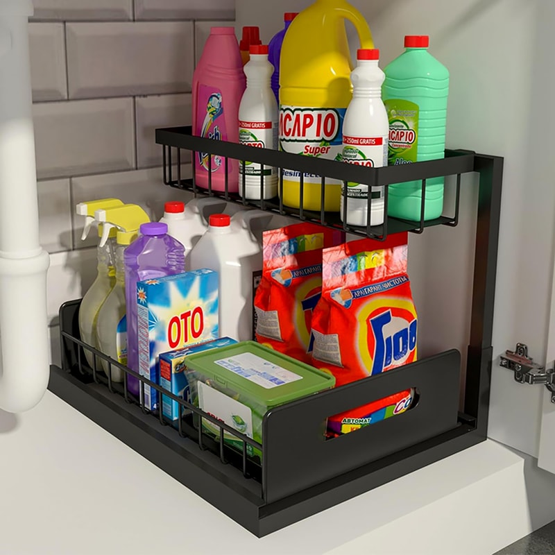 Pull Out Kitchen Shelf Organizer Carbon Steel Space Saving Under Cabinet Rack