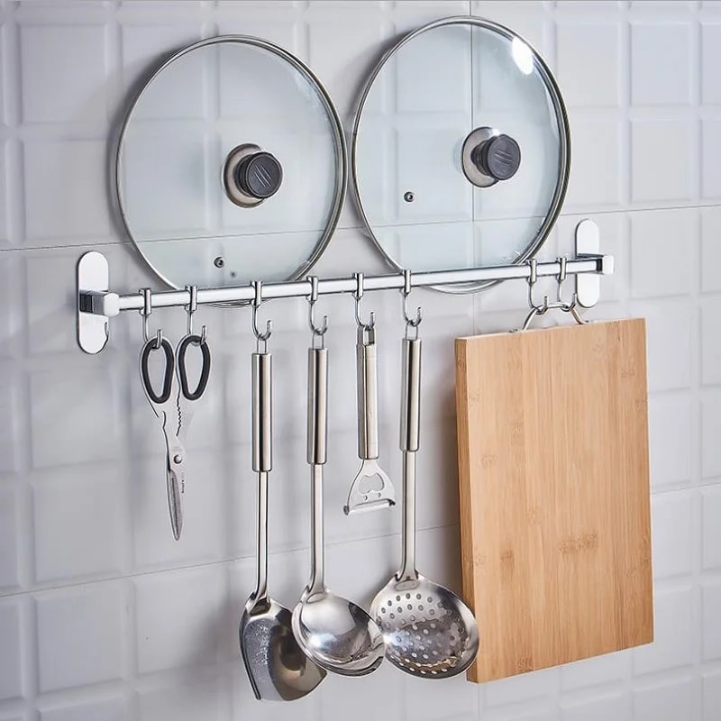 Punch Free Stainless Steel Kitchen Wall Rack Organizer with Hooks for Knives Pots and Utensils