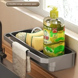self draining kitchen sink organizer with faucet hook & sponge holder rack