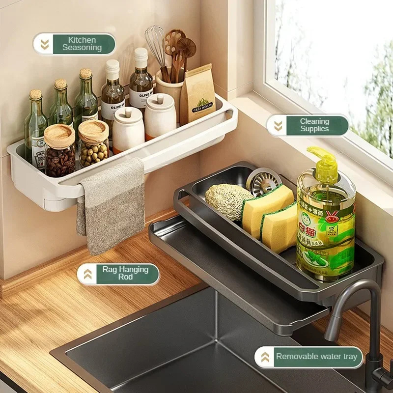 Self Draining Kitchen Sink Organizer with Faucet Hook & Sponge Holder Rack