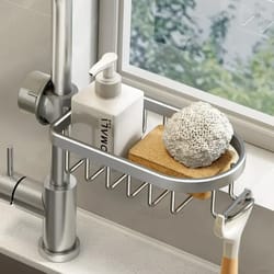 aluminum sink faucet rack organizer with sponge holder and soap drainer basket