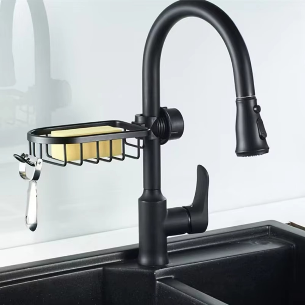 Aluminum Sink Faucet Rack Organizer with Sponge Holder and Soap Drainer Basket