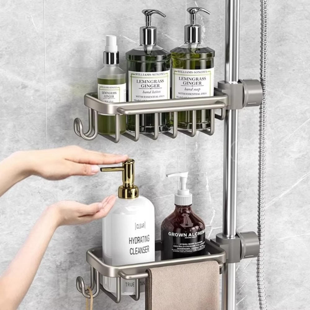 Aluminum Sink Faucet Rack Organizer with Sponge Holder and Soap Drainer Basket