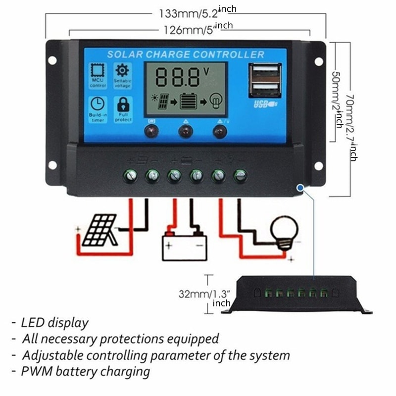 Smart PWM Solar Charge Controller With LCD Dual USB Fast Charging 2