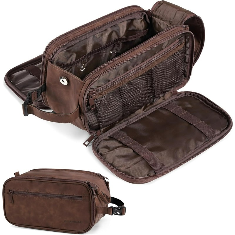 Waterproof Leather Travel Toiletry Bag for Men Compact Dopp Kit Organizer for Grooming Essentials