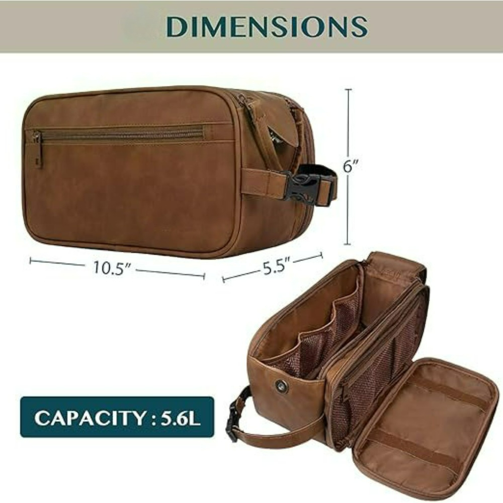 Waterproof Leather Travel Toiletry Bag for Men Compact Dopp Kit Organizer for Grooming Essentials