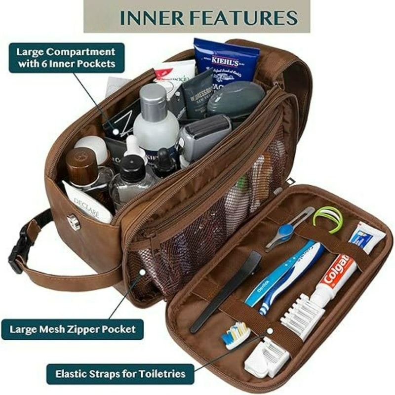 Waterproof Leather Travel Toiletry Bag for Men Compact Dopp Kit Organizer for Grooming Essentials