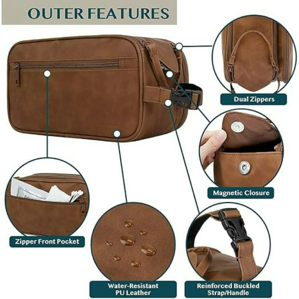 Waterproof Leather Travel Toiletry Bag for Men Compact Dopp Kit Organizer for Grooming Essentials