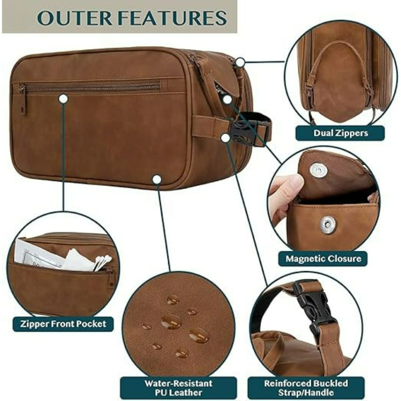 Waterproof Leather Travel Toiletry Bag for Men Compact Dopp Kit Organizer for Grooming Essentials