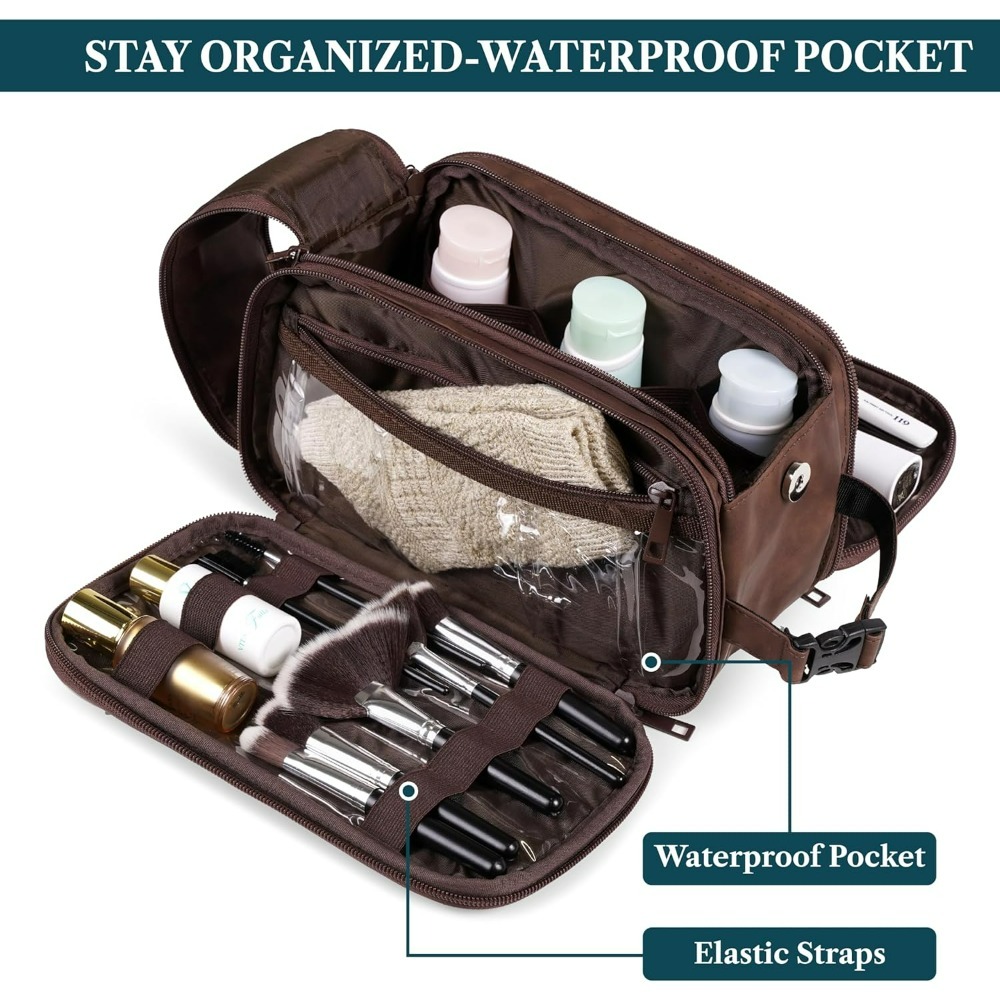 Waterproof Leather Travel Toiletry Bag for Men Compact Dopp Kit Organizer for Grooming Essentials