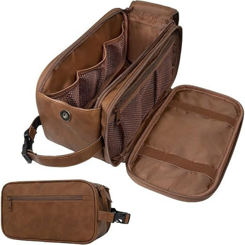 Waterproof Leather Travel Toiletry Bag for Men Compact Dopp Kit Organizer for Grooming Essentials