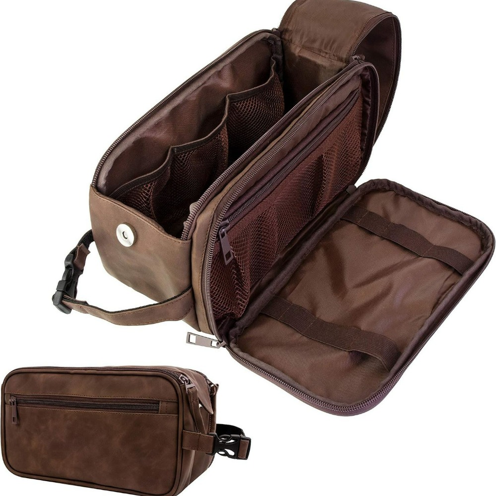 Waterproof Leather Travel Toiletry Bag for Men Compact Dopp Kit Organizer for Grooming Essentials