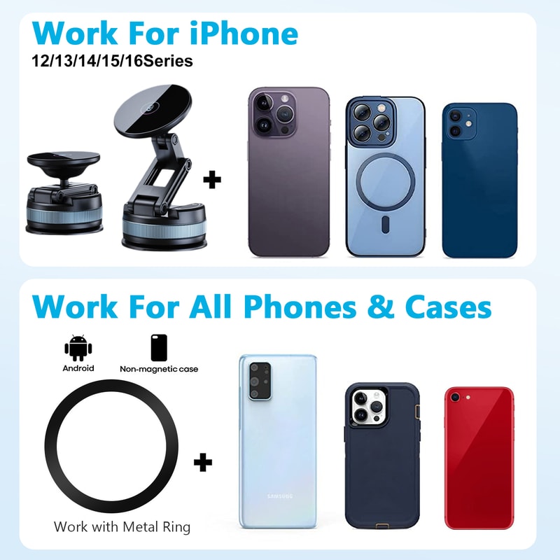 Magnetic Car Phone Mount with Vacuum Suction Foldable Extendable Holder for Dashboard & Windshield