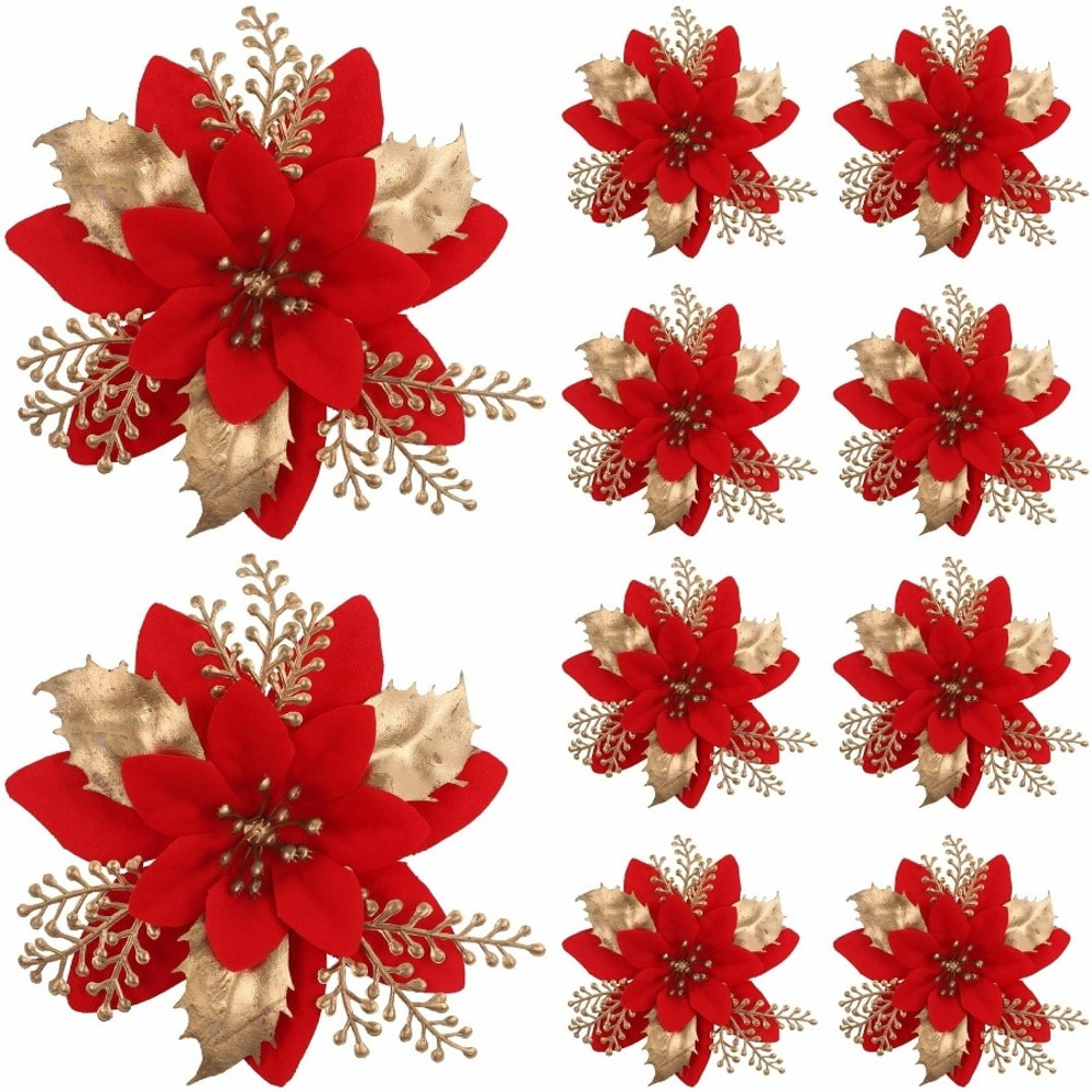 Glitter Artificial Poinsettia Flowers Set Festive Christmas Tree Wreath Decor 0
