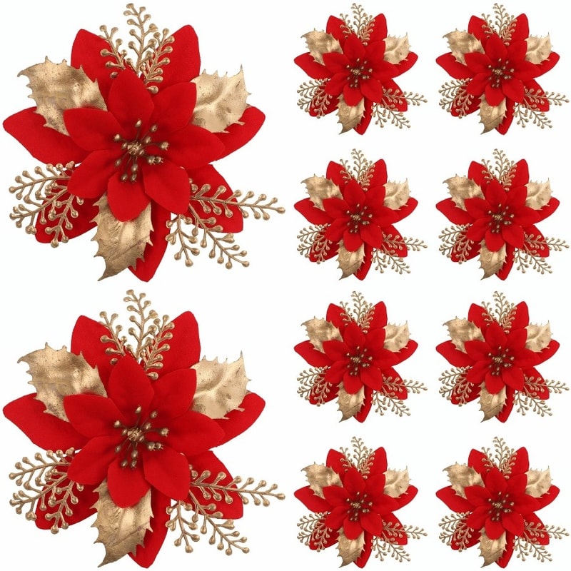 Glitter Artificial Poinsettia Flowers Set Festive Christmas Tree Wreath Decor 0