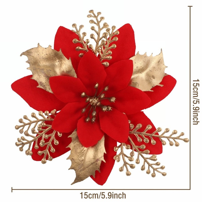 Glitter Artificial Poinsettia Flowers Set Festive Christmas Tree Wreath Decor 1