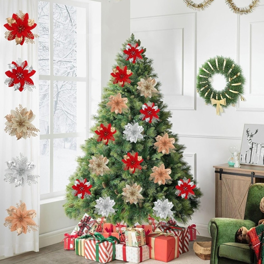 Glitter Artificial Poinsettia Flowers Set Festive Christmas Tree Wreath Decor 2