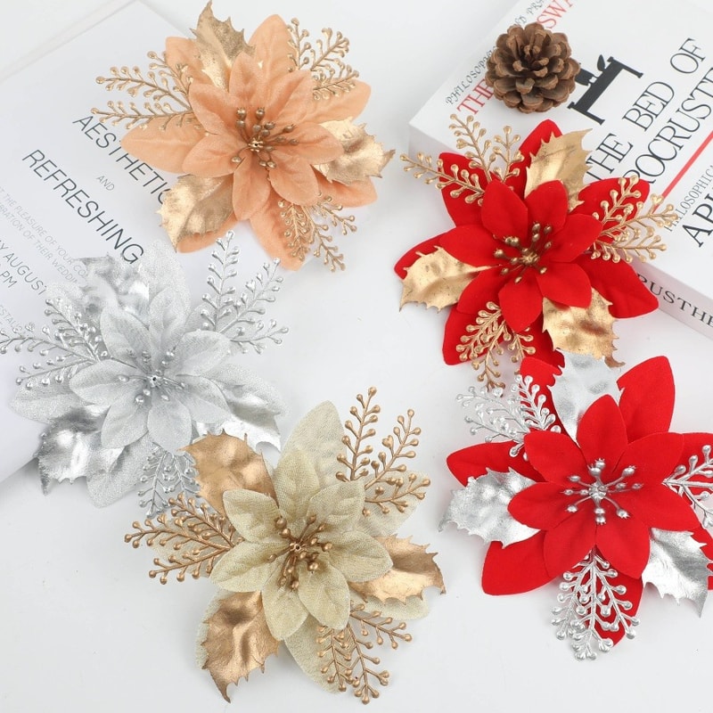 Glitter Artificial Poinsettia Flowers Set Festive Christmas Tree Wreath Decor 3