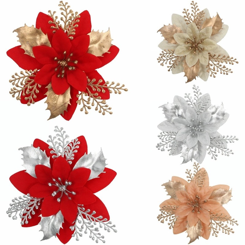 Glitter Artificial Poinsettia Flowers Set Festive Christmas Tree Wreath Decor 4