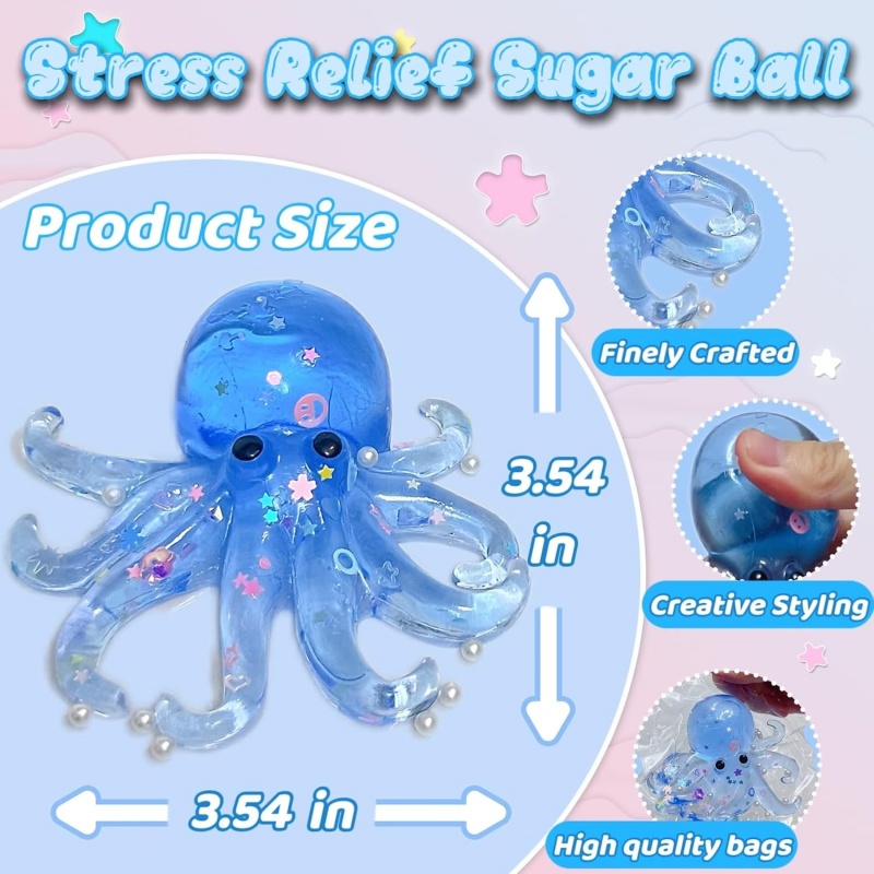 Glitter Octopus Squishy Stress Ball Cute Sensory Fidget Toy For Kids Adults 2