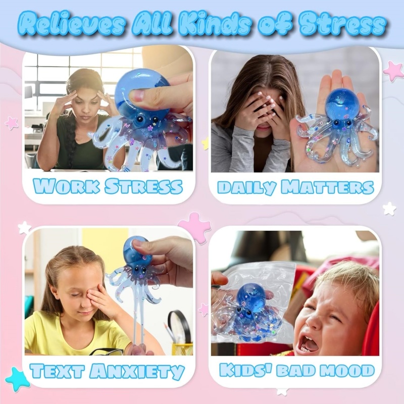 Glitter Octopus Squishy Stress Ball Cute Sensory Fidget Toy For Kids Adults 5